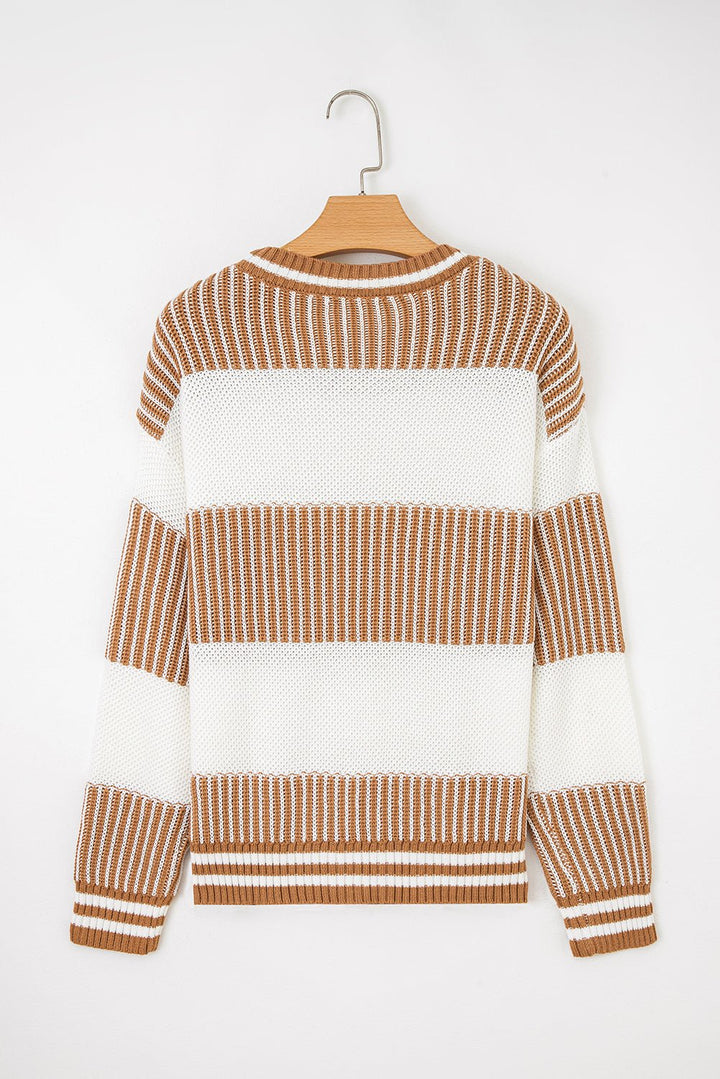 Two Tone Striped Patchwork Loose Sweater - Trendy Tops in Brown for Women | The802Gypsy