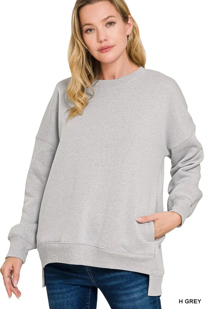 Zenana Hi - Low Boyfriend Sweatshirt - Trendy Tops in Heather Grey for Women | The802Gypsy