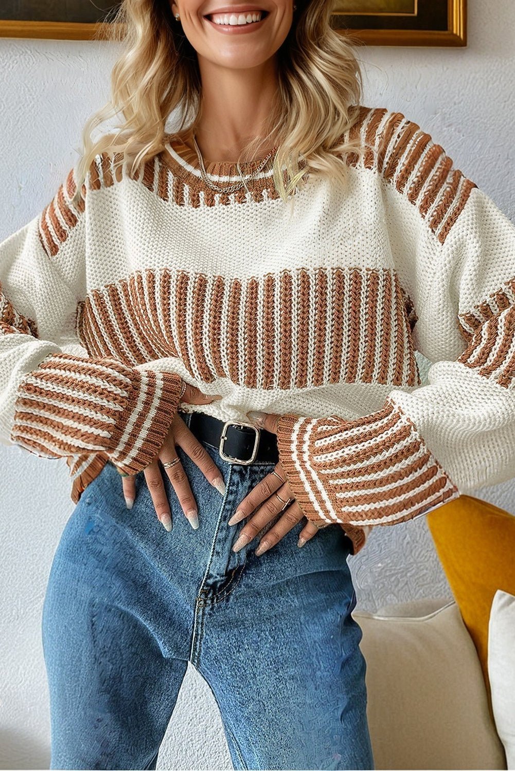 Two Tone Striped Patchwork Loose Sweater - Trendy Tops in Khaki for Women | The802Gypsy
