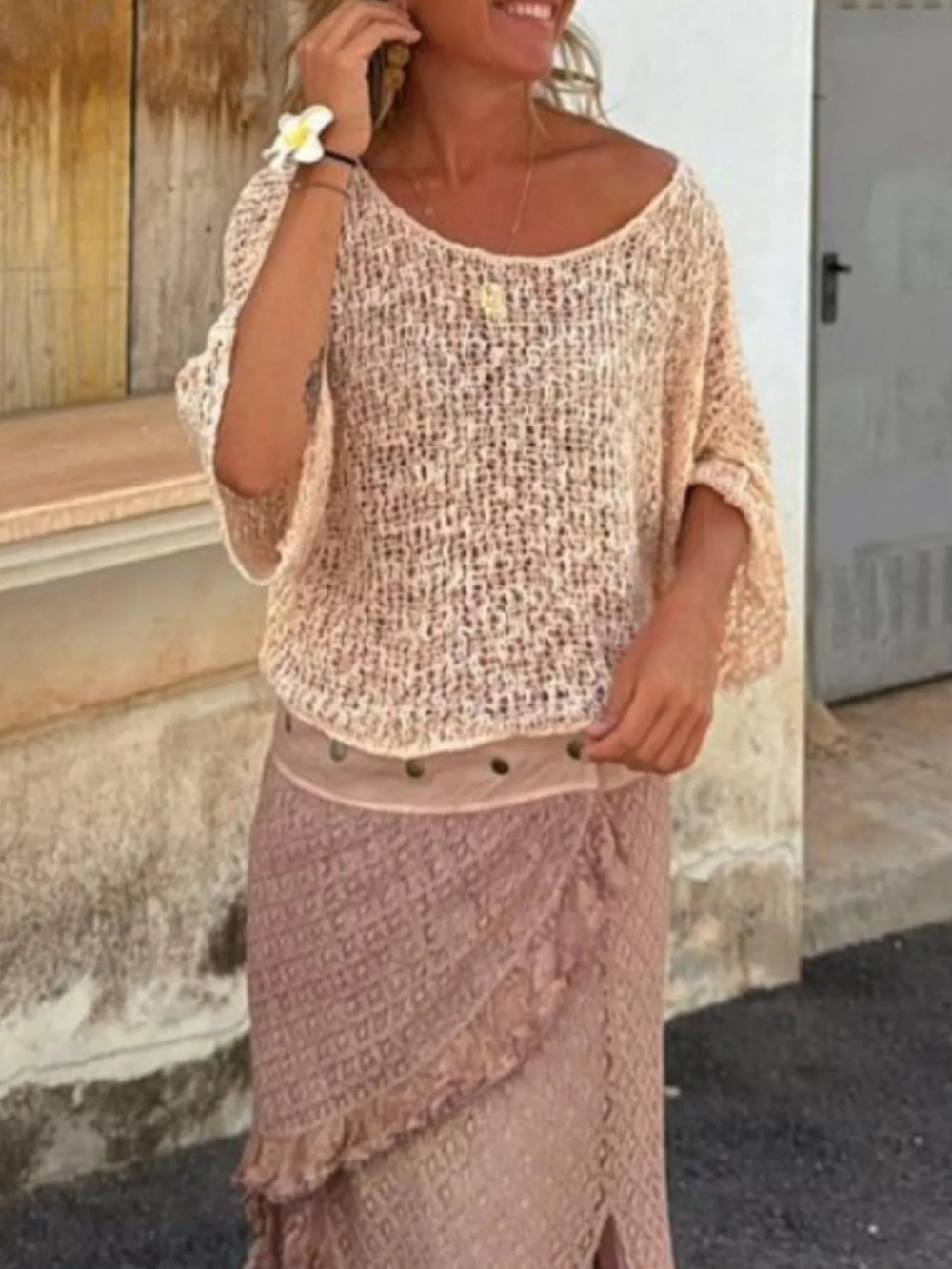 Crochet Boat Neck Knit Top - Trendy Tops/ Sweaters & Cradignas in Apricot for Women | The802Gypsy