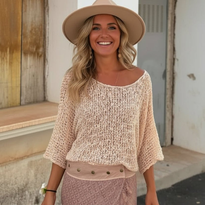 Crochet Boat Neck Knit Top - Trendy Tops/ Sweaters & Cradignas in Apricot for Women | The802Gypsy