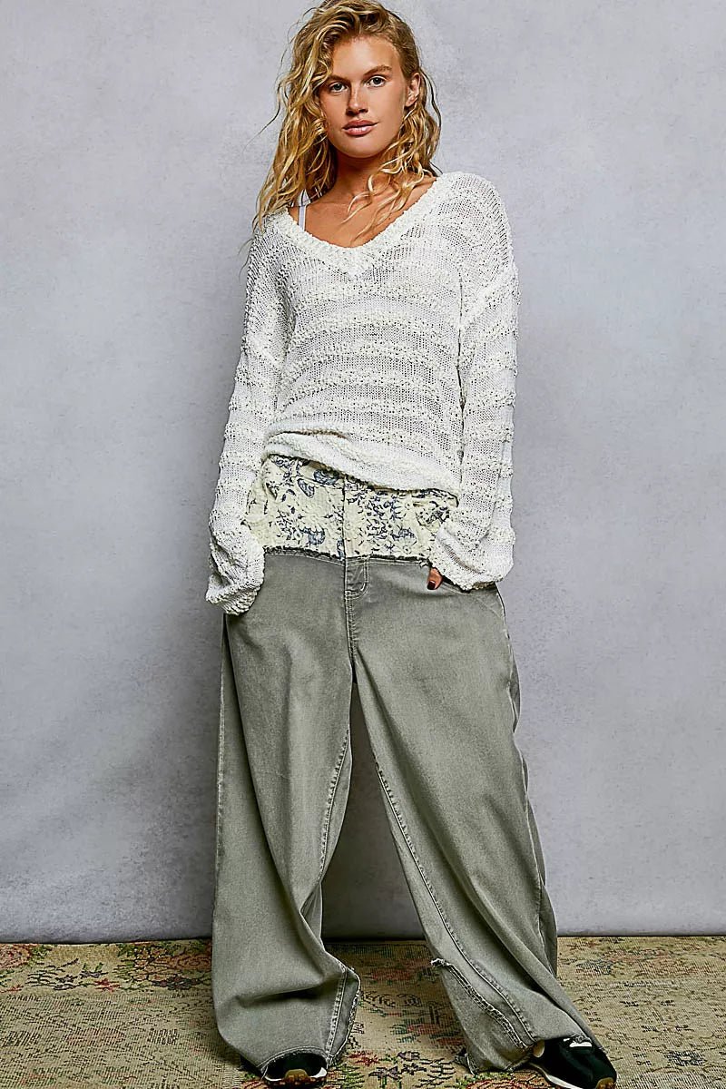 POL Stripe Pattern V - Neck Long Sleeve Knit Top - Trendy Tops/ Sweaters & Cradignas in OFF WHITE for Women | The802Gypsy