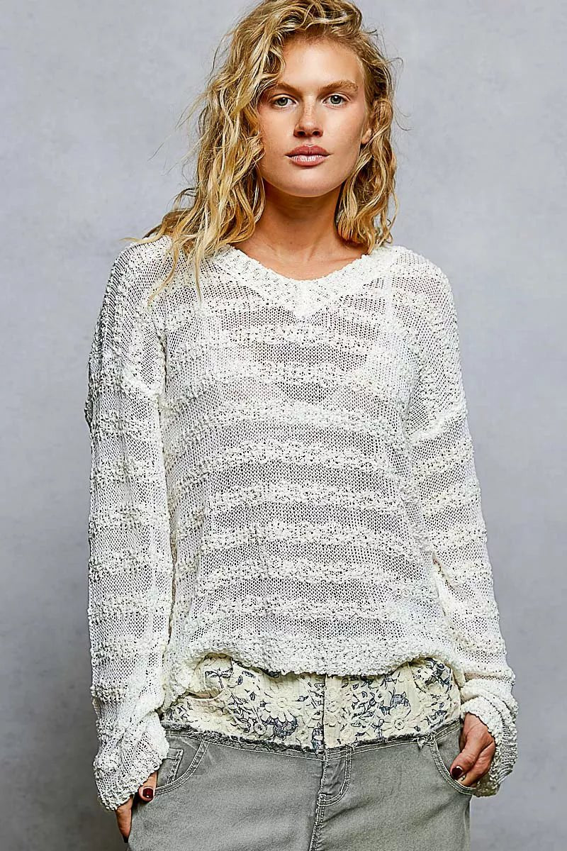 POL Stripe Pattern V - Neck Long Sleeve Knit Top - Trendy Tops/ Sweaters & Cradignas in OFF WHITE for Women | The802Gypsy