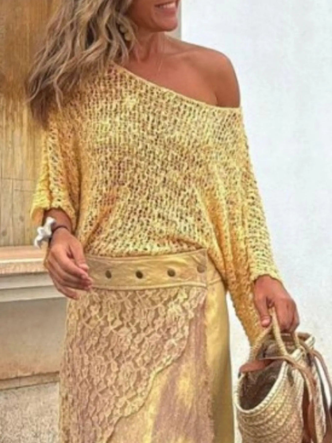 Crochet Boat Neck Knit Top - Trendy Tops/ Sweaters & Cradignas in Yellow for Women | The802Gypsy