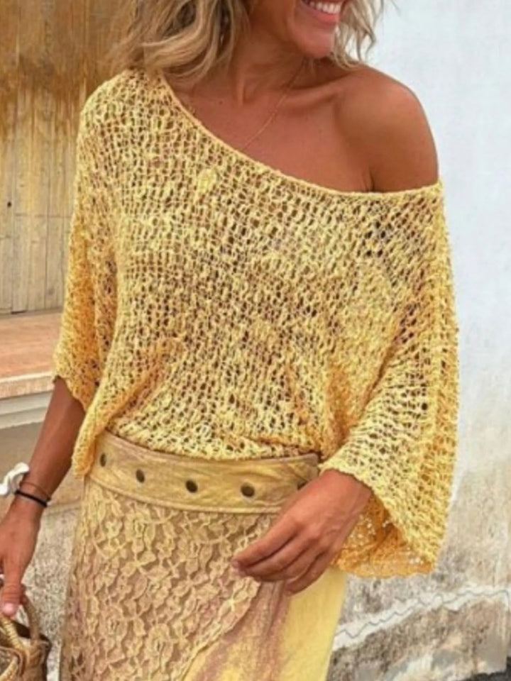 Crochet Boat Neck Knit Top - Trendy Tops/ Sweaters & Cradignas in Yellow for Women | The802Gypsy
