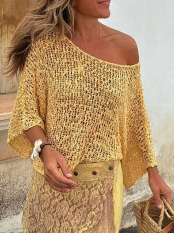 Crochet Boat Neck Knit Top - Trendy Tops/ Sweaters & Cradignas in Yellow for Women | The802Gypsy
