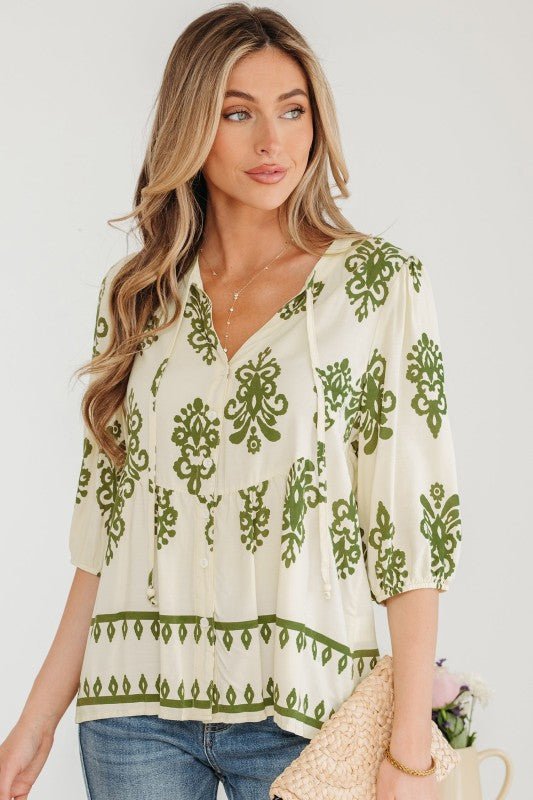JUNIPER BLVD Boho Tie V - Neck Puff Sleeve Shirt - Trendy Tops/Blouses & Shirts in Apricot for Women | The802Gypsy