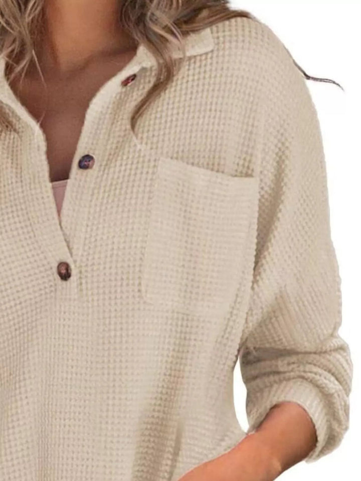 Waffle Knit Button Detail Blouse - Trendy Tops/Blouses & Shirts in Apricot for Women | The802Gypsy