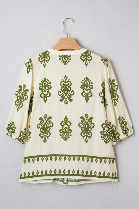 JUNIPER BLVD Boho Tie V - Neck Puff Sleeve Shirt - Trendy Tops/Blouses & Shirts in Apricot for Women | The802Gypsy