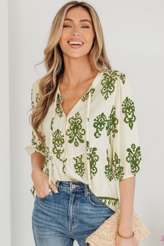 JUNIPER BLVD Boho Tie V - Neck Puff Sleeve Shirt - Trendy Tops/Blouses & Shirts in Apricot for Women | The802Gypsy