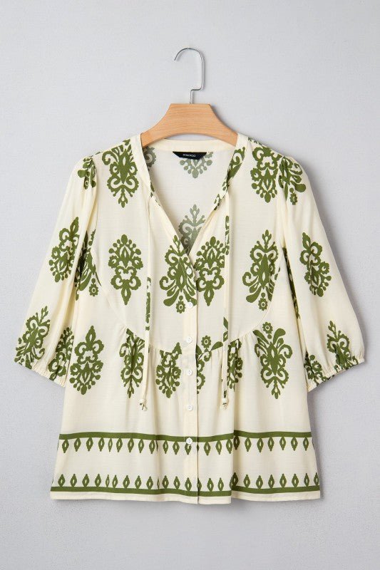 JUNIPER BLVD Boho Tie V - Neck Puff Sleeve Shirt - Trendy Tops/Blouses & Shirts in Apricot for Women | The802Gypsy