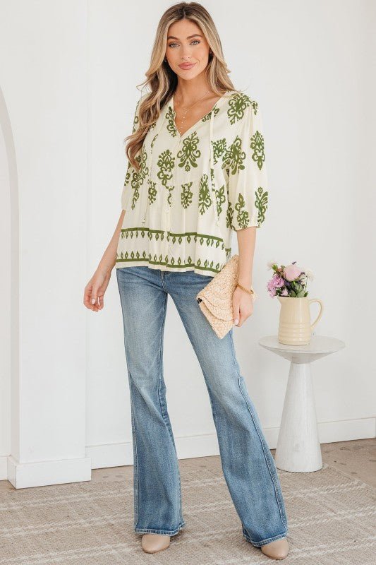 JUNIPER BLVD Boho Tie V - Neck Puff Sleeve Shirt - Trendy Tops/Blouses & Shirts in Apricot for Women | The802Gypsy