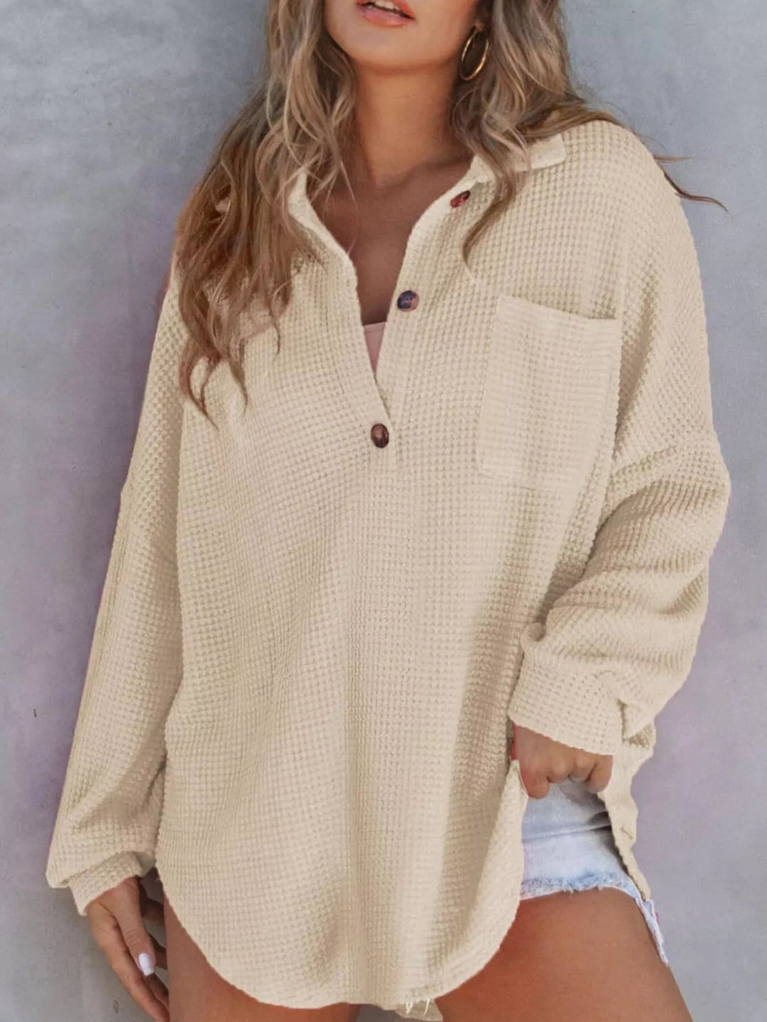 Waffle Knit Button Detail Blouse - Trendy Tops/Blouses & Shirts in Apricot for Women | The802Gypsy
