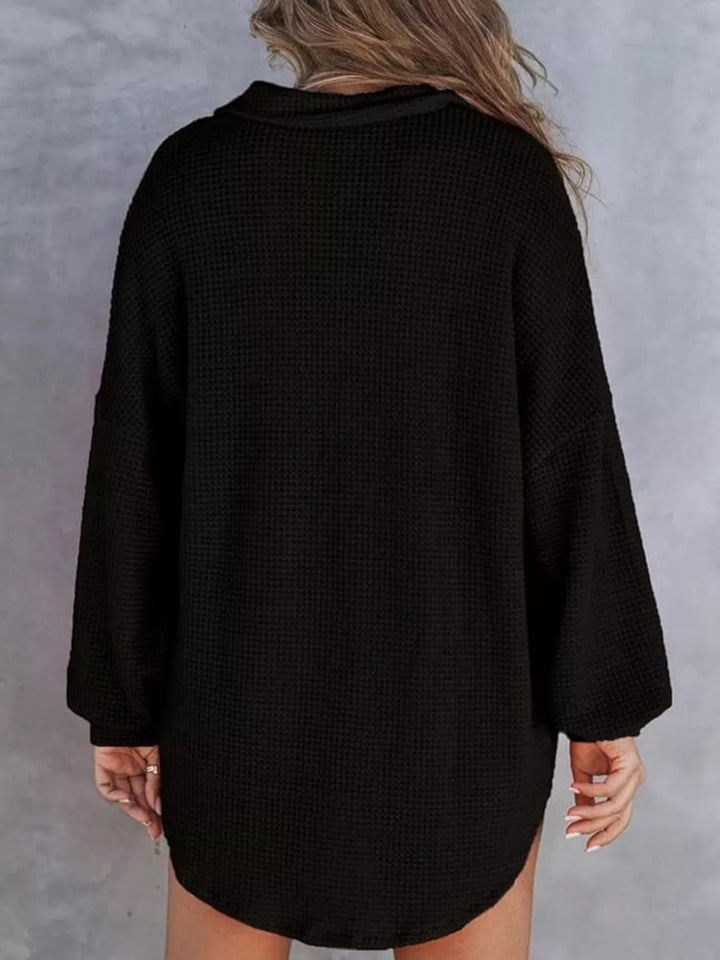 Waffle Knit Button Detail Blouse - Trendy Tops/Blouses & Shirts in Black for Women | The802Gypsy