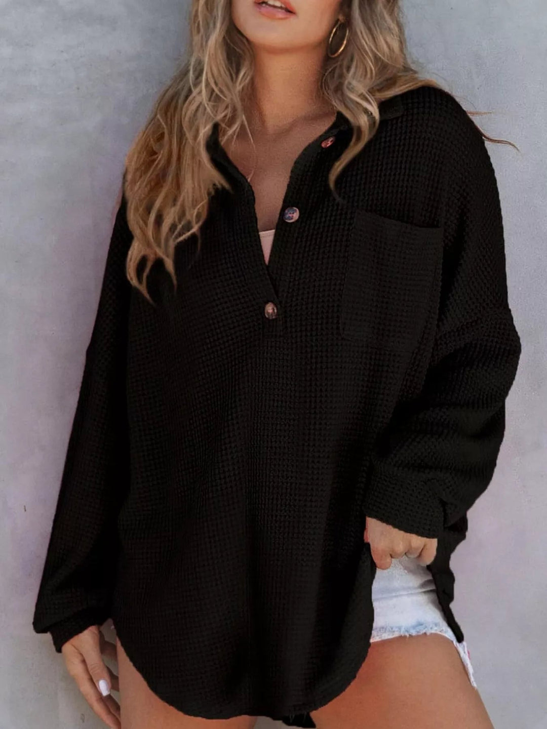 Waffle Knit Button Detail Blouse - Trendy Tops/Blouses & Shirts in Black for Women | The802Gypsy