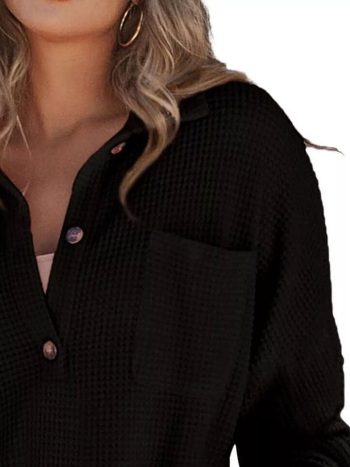 Waffle Knit Button Detail Blouse - Trendy Tops/Blouses & Shirts in Black for Women | The802Gypsy