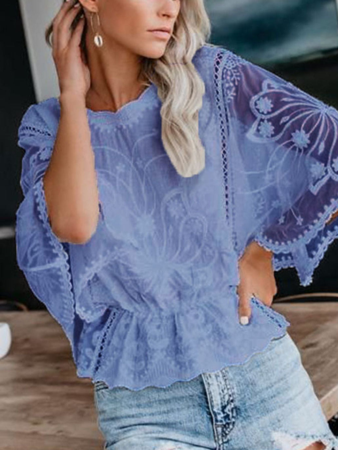 Lace Sheer Sleeve Blouse - Trendy Tops/Blouses & Shirts in Blue Purple for Women | The802Gypsy