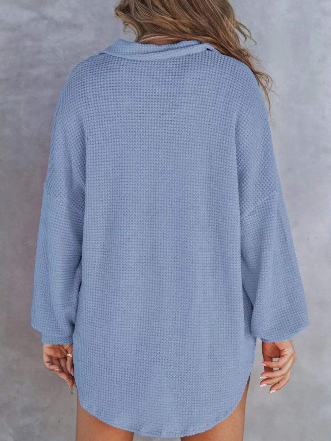 Waffle Knit Button Detail Blouse - Trendy Tops/Blouses & Shirts in Blue for Women | The802Gypsy