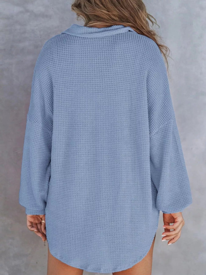 Waffle Knit Button Detail Blouse - Trendy Tops/Blouses & Shirts in Blue for Women | The802Gypsy