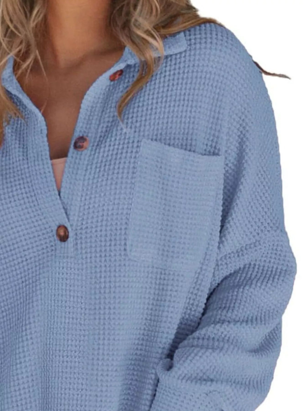Waffle Knit Button Detail Blouse - Trendy Tops/Blouses & Shirts in Blue for Women | The802Gypsy