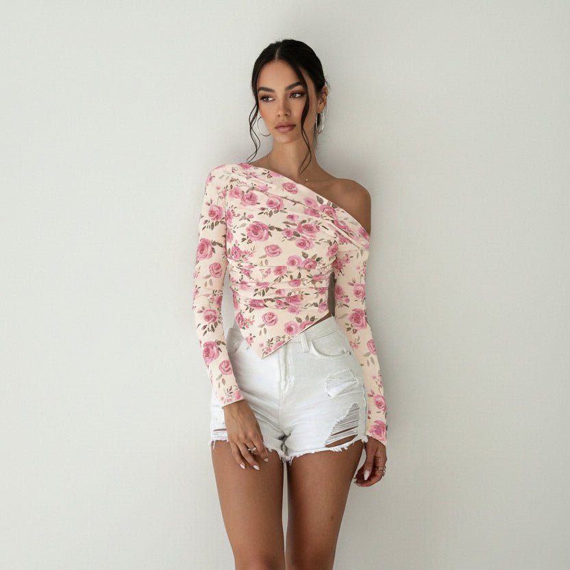 Floral Print One - Shoulder Ruched Blouse - Trendy Tops/Blouses & Shirts in Blush Pink for Women | The802Gypsy