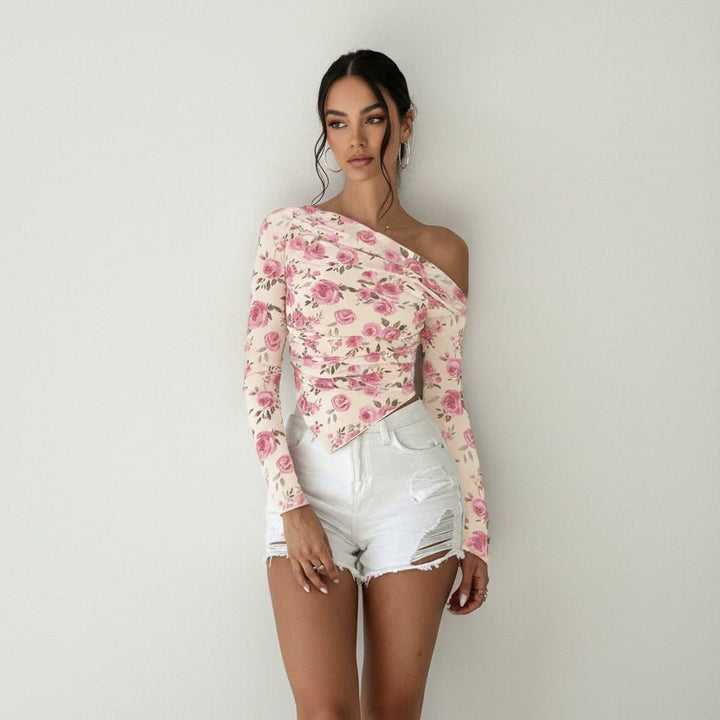 Floral Print One - Shoulder Ruched Blouse - Trendy Tops/Blouses & Shirts in Blush Pink for Women | The802Gypsy