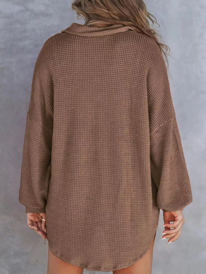Waffle Knit Button Detail Blouse - Trendy Tops/Blouses & Shirts in Brown for Women | The802Gypsy