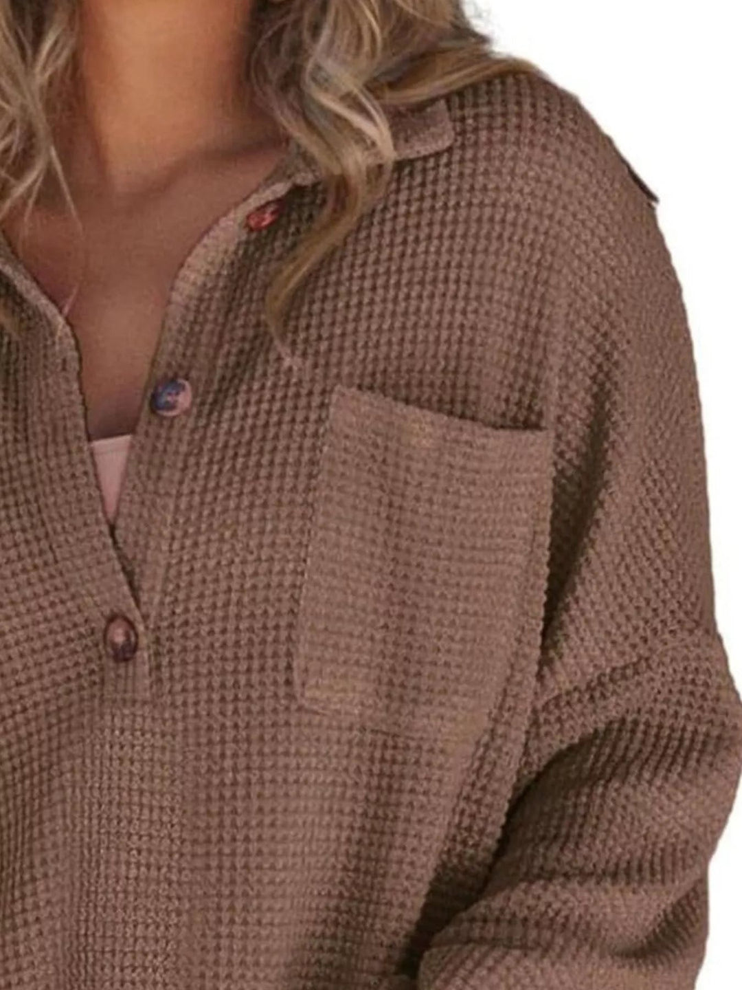 Waffle Knit Button Detail Blouse - Trendy Tops/Blouses & Shirts in Brown for Women | The802Gypsy