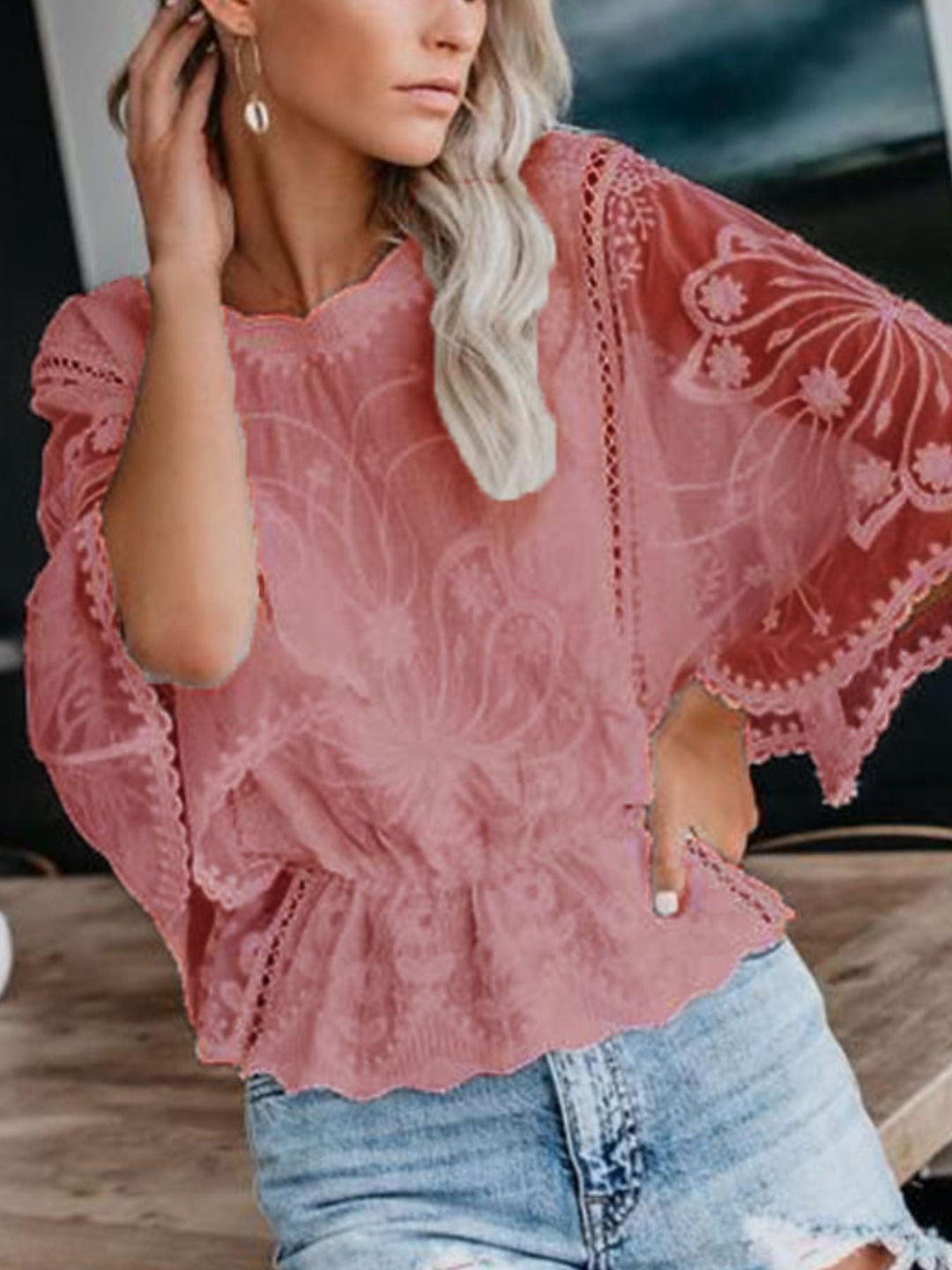 Lace Sheer Sleeve Blouse - Trendy Tops/Blouses & Shirts in Dusty Pink for Women | The802Gypsy