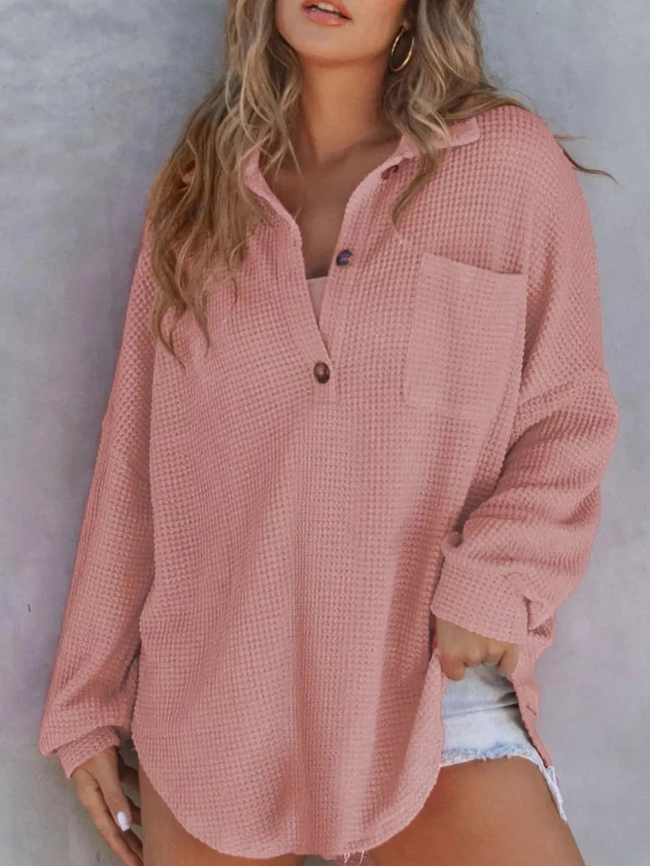 Waffle Knit Button Detail Blouse - Trendy Tops/Blouses & Shirts in Dusty Pink for Women | The802Gypsy