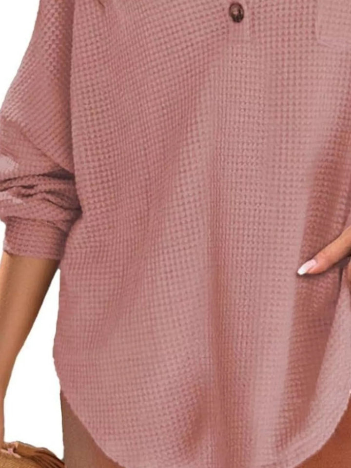Waffle Knit Button Detail Blouse - Trendy Tops/Blouses & Shirts in Dusty Pink for Women | The802Gypsy