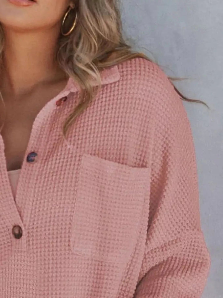 Waffle Knit Button Detail Blouse - Trendy Tops/Blouses & Shirts in Dusty Pink for Women | The802Gypsy
