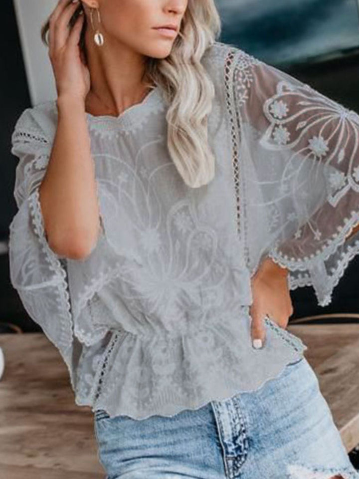 Lace Sheer Sleeve Blouse - Trendy Tops/Blouses & Shirts in Gray for Women | The802Gypsy