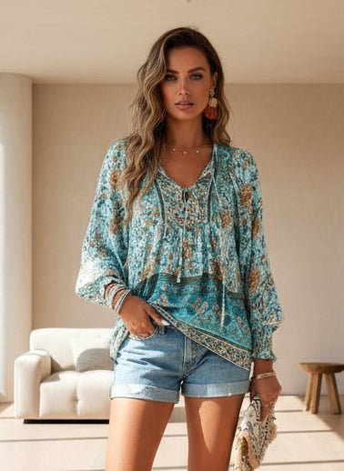 Floral Paisley Tie - Neck Blouse - Trendy Tops/Blouses & Shirts in Green for Women | The802Gypsy