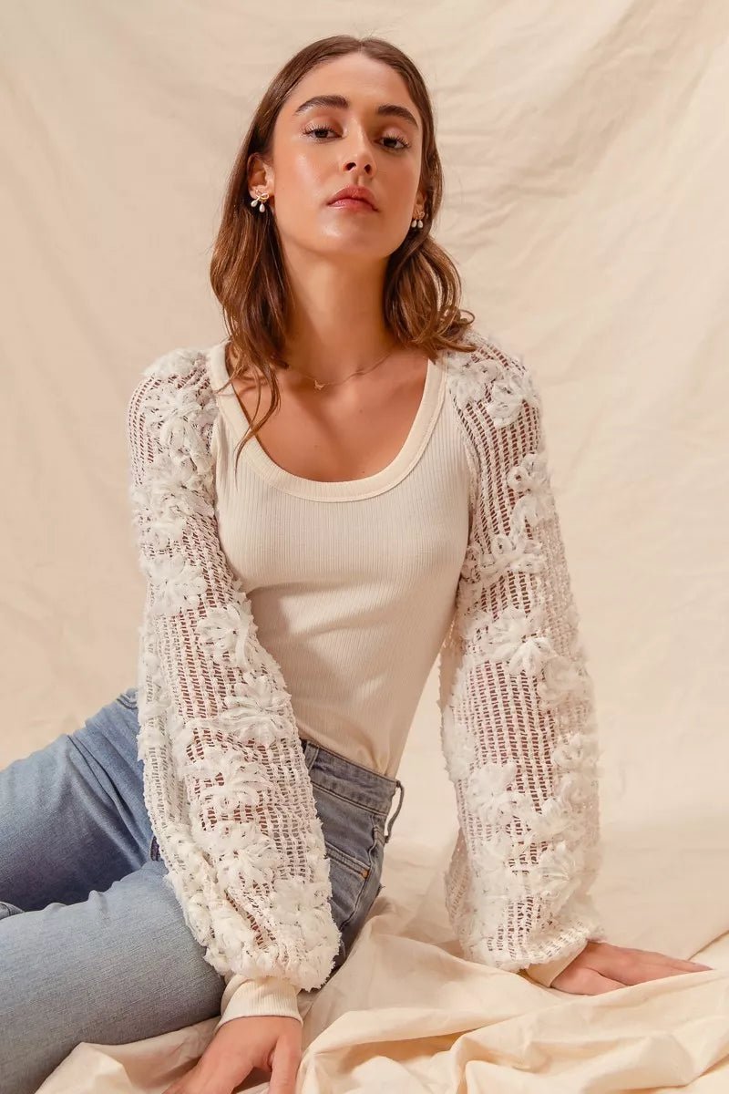 SO ME Lace Balloon Sleeve Rib Knit Top - Trendy Tops/Blouses & Shirts in IVORY for Women | The802Gypsy