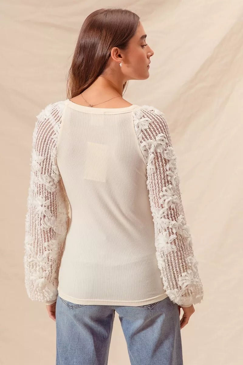 SO ME Lace Balloon Sleeve Rib Knit Top - Trendy Tops/Blouses & Shirts in IVORY for Women | The802Gypsy