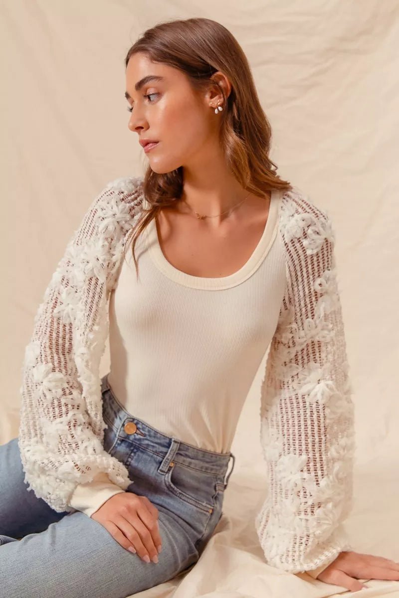 SO ME Lace Balloon Sleeve Rib Knit Top - Trendy Tops/Blouses & Shirts in IVORY for Women | The802Gypsy