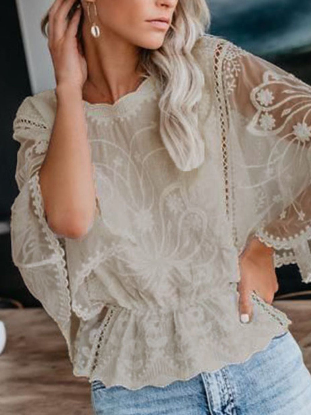 Lace Sheer Sleeve Blouse - Trendy Tops/Blouses & Shirts in Khaki for Women | The802Gypsy
