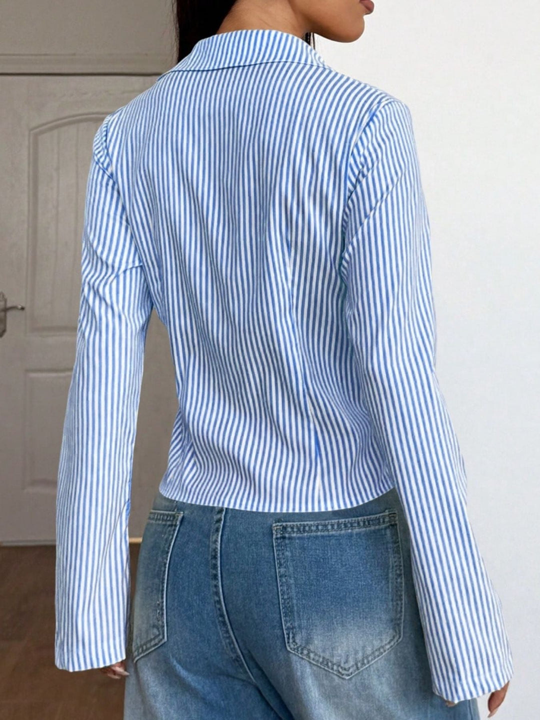 Striped Button - Down Slim Fit Shirt - Trendy Tops/Blouses & Shirts in Light Blue for Women | The802Gypsy