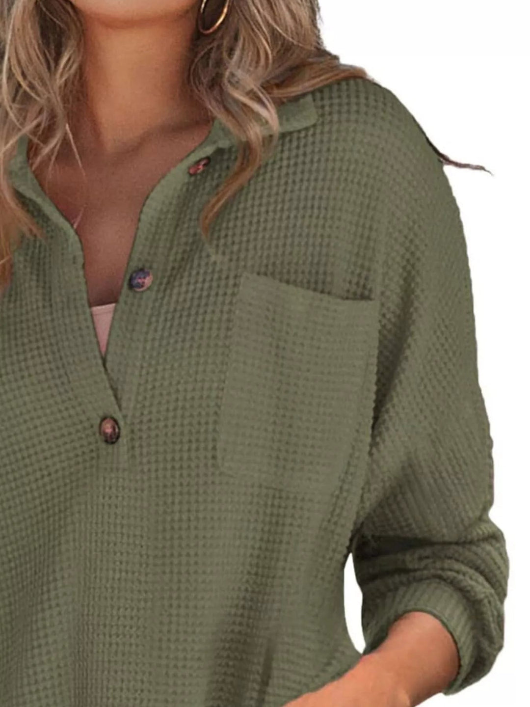 Waffle Knit Button Detail Blouse - Trendy Tops/Blouses & Shirts in Moss for Women | The802Gypsy