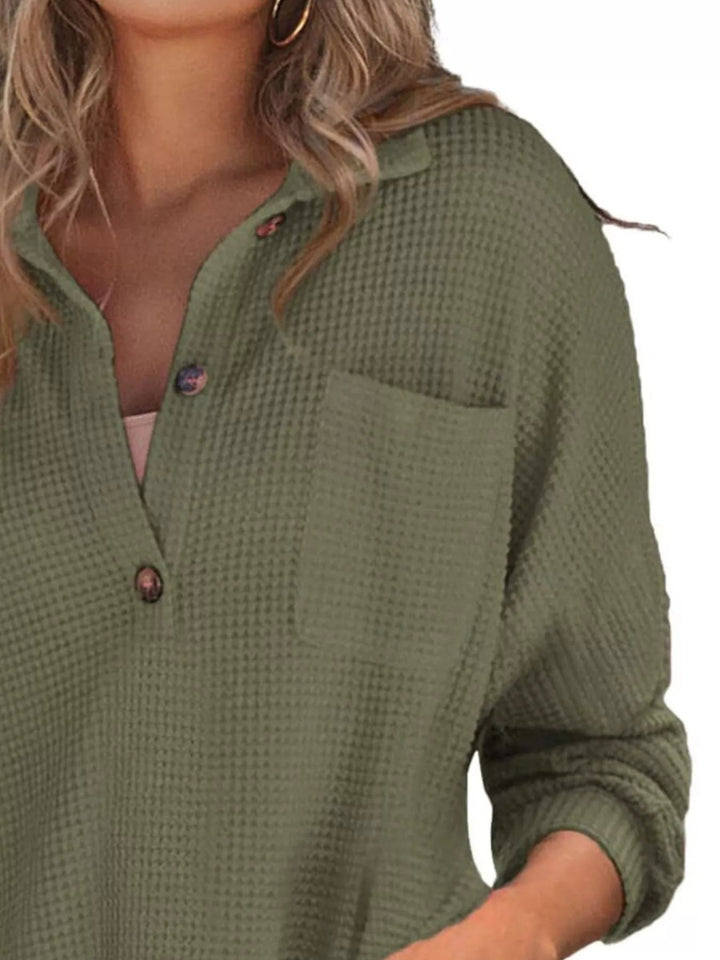 Waffle Knit Button Detail Blouse - Trendy Tops/Blouses & Shirts in Moss for Women | The802Gypsy
