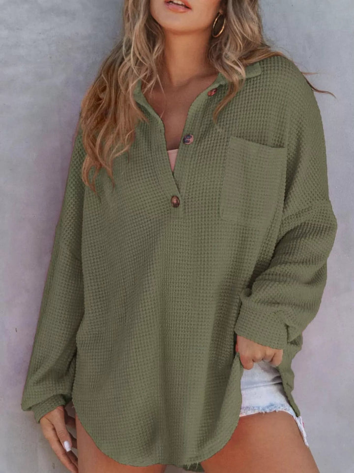 Waffle Knit Button Detail Blouse - Trendy Tops/Blouses & Shirts in Moss for Women | The802Gypsy