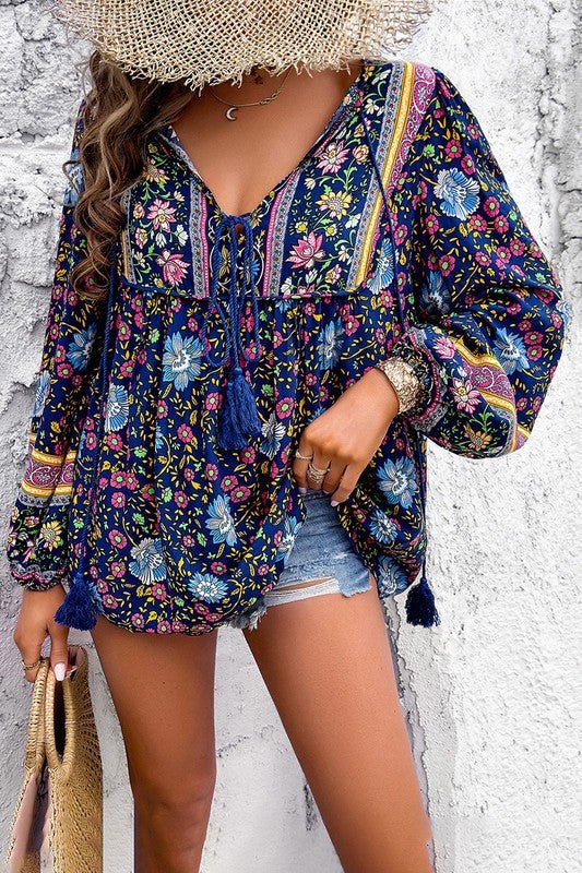 Floral Print Deep V Boho Top - Trendy Tops/Blouses & Shirts in NAVY for Women | The802Gypsy