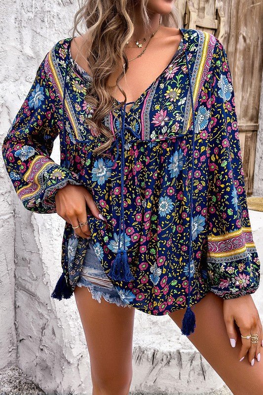 Floral Print Deep V Boho Top - Trendy Tops/Blouses & Shirts in NAVY for Women | The802Gypsy