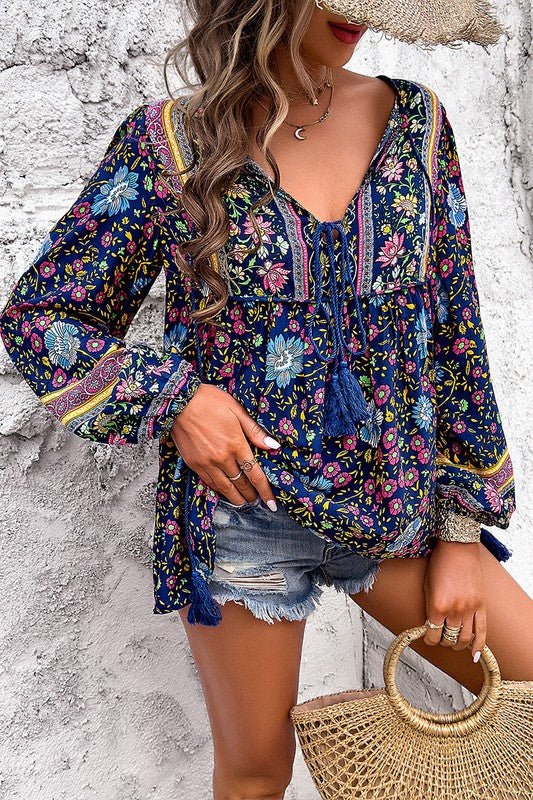 Floral Print Deep V Boho Top - Trendy Tops/Blouses & Shirts in NAVY for Women | The802Gypsy