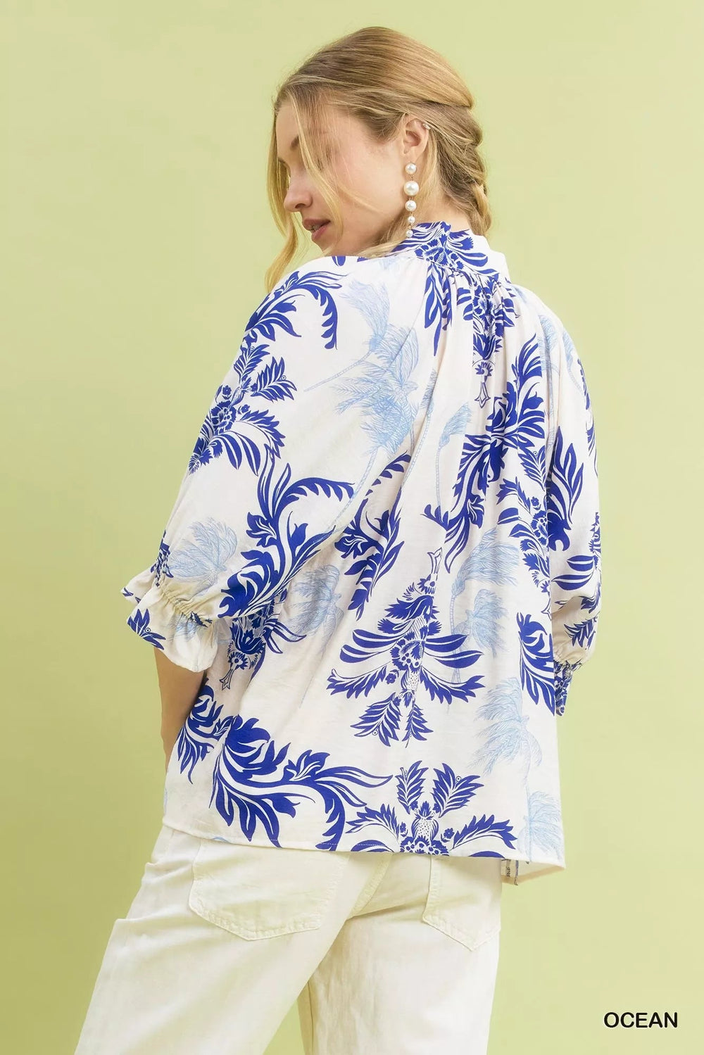 Umgee Leafy Damask Scalloped Blouse - Trendy Tops/Blouses & Shirts in Ocean Blue for Women | The802Gypsy