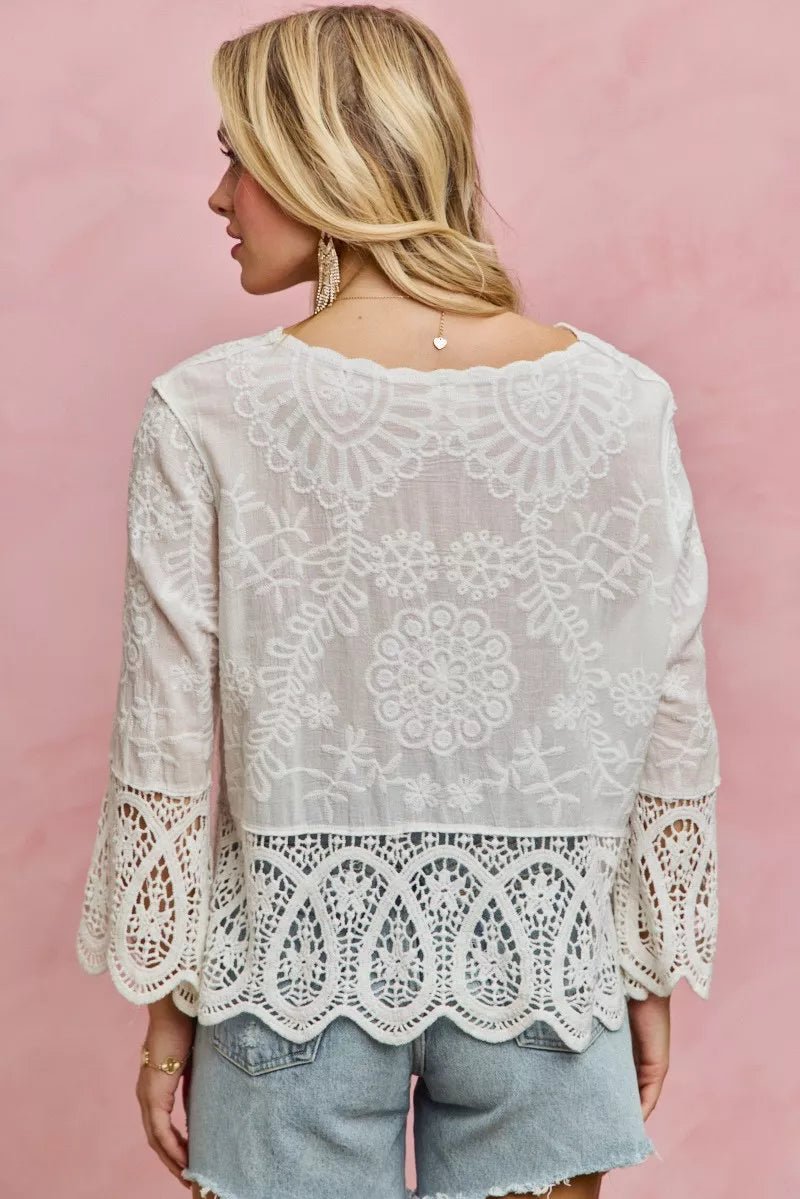SO ME Floral Embroidered Crochet Lace Trimmed Top - Trendy Tops/Blouses & Shirts in OFF WHITE for Women | The802Gypsy