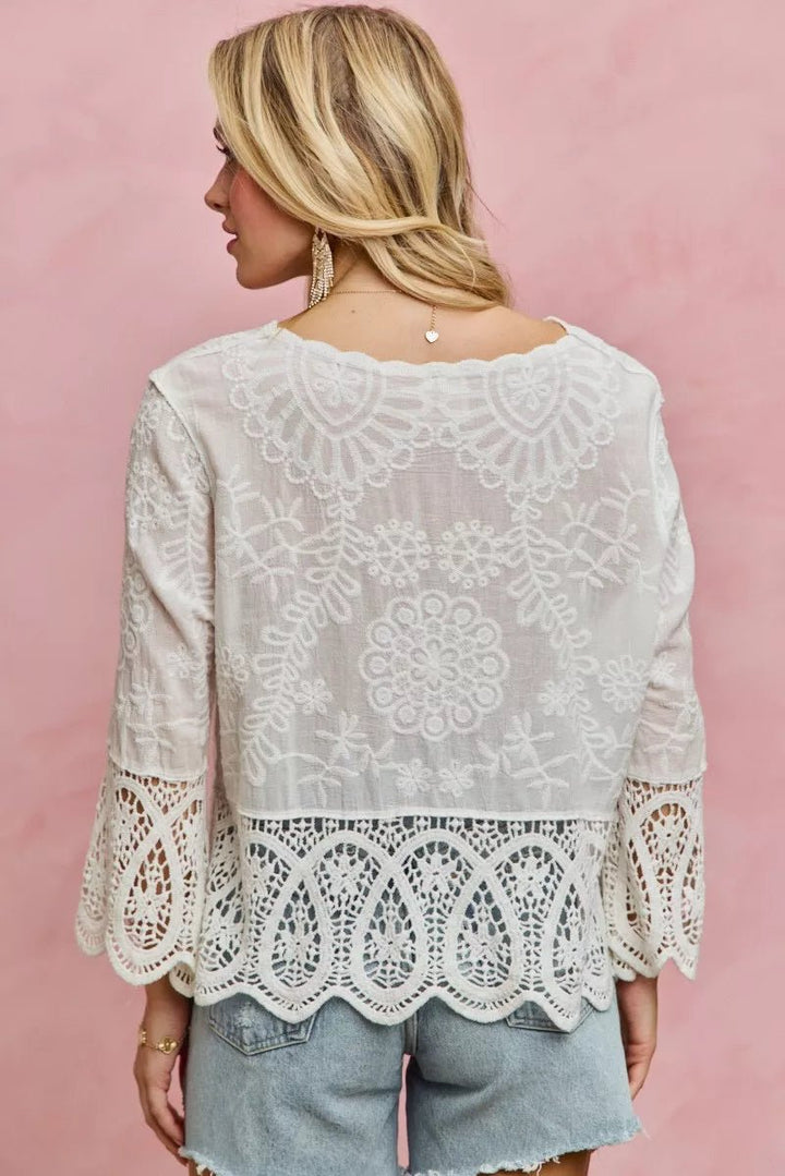 SO ME Floral Embroidered Crochet Lace Trimmed Top - Trendy Tops/Blouses & Shirts in OFF WHITE for Women | The802Gypsy