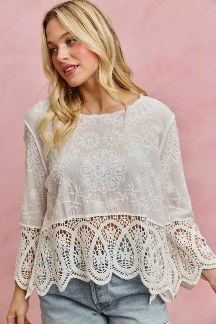 SO ME Floral Embroidered Crochet Lace Trimmed Top - Trendy Tops/Blouses & Shirts in OFF WHITE for Women | The802Gypsy