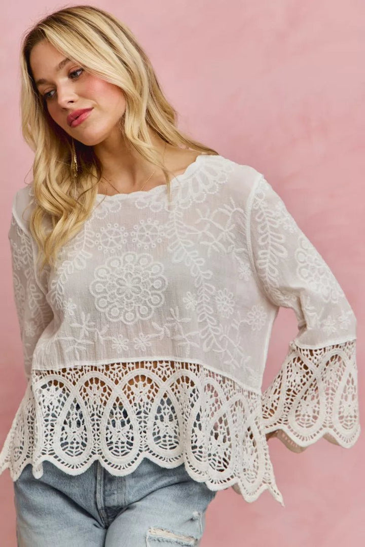 SO ME Floral Embroidered Crochet Lace Trimmed Top - Trendy Tops/Blouses & Shirts in OFF WHITE for Women | The802Gypsy
